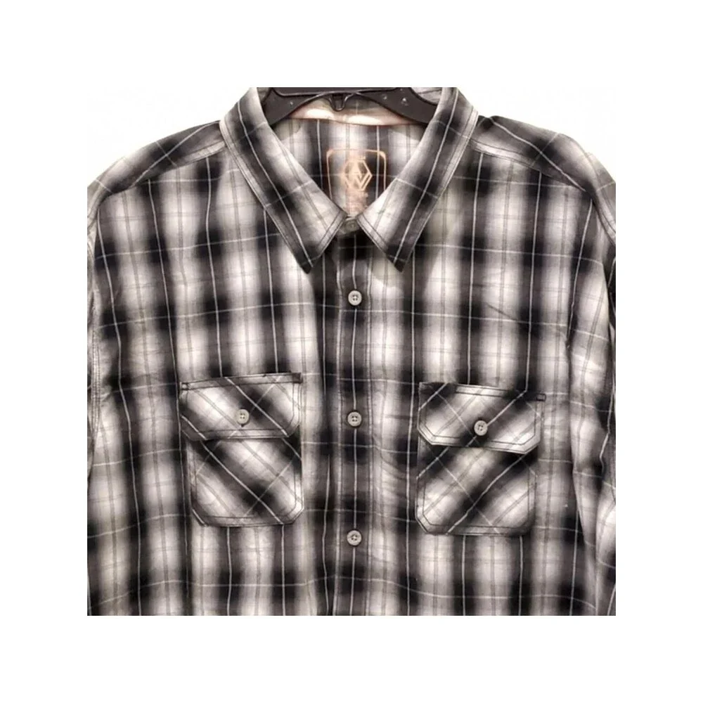 Plaid Shirt Short Sleeve Button Up Casual Work Black Gray Size Mens
